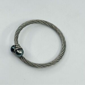 #347 Stainless Steel & Freshwater Black Pearl Cable Bracelet
